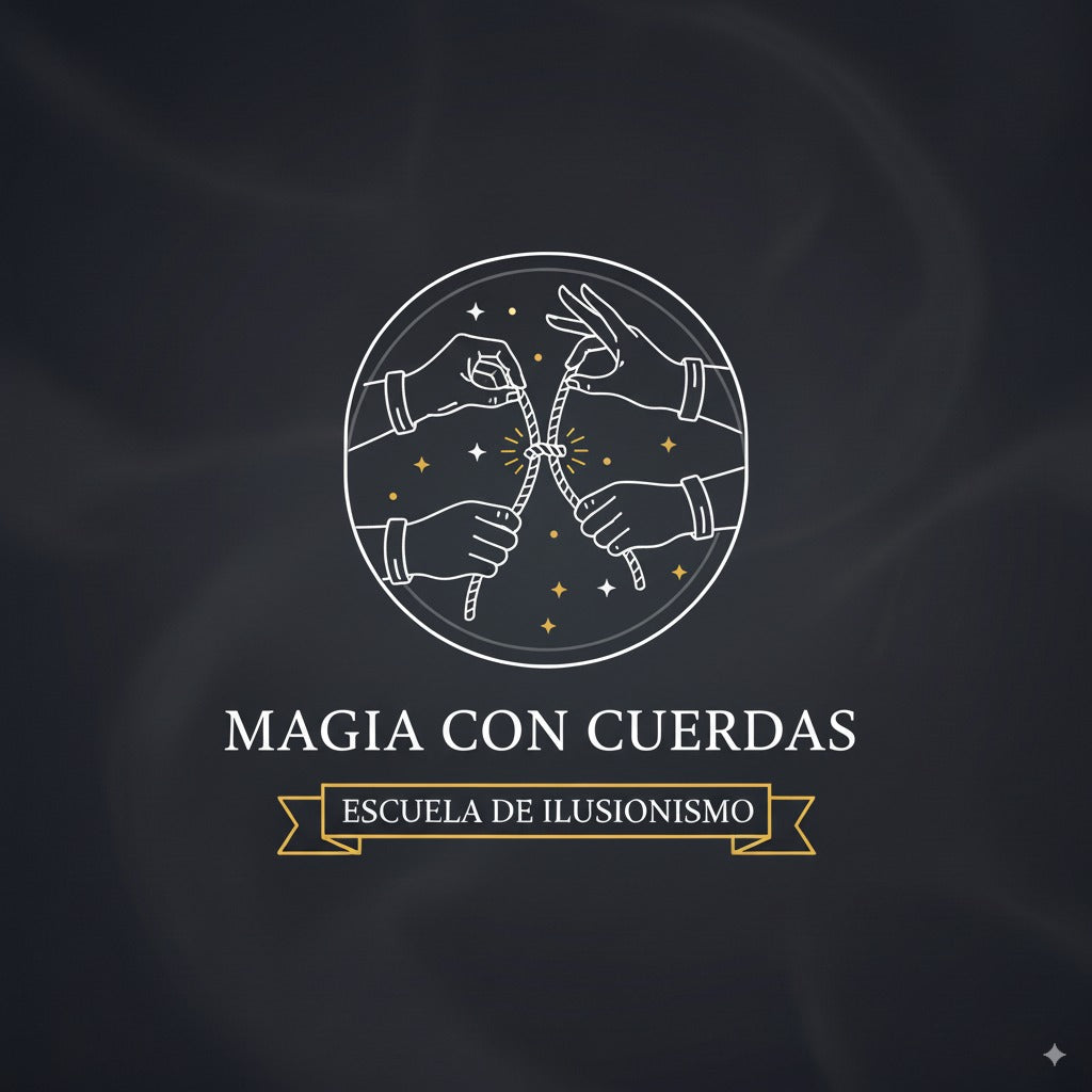 "Logo 'Magia con Cuerdas'. Muestra dos pares de manos interactuando con una cuerda anudada y brillante en el centro. El diseño está dentro de un círculo con estrellas. Abajo, el texto 'MAGIA CON CUERDAS' y 'ESCUELA DE ILUSIONISMO' en una cinta. 