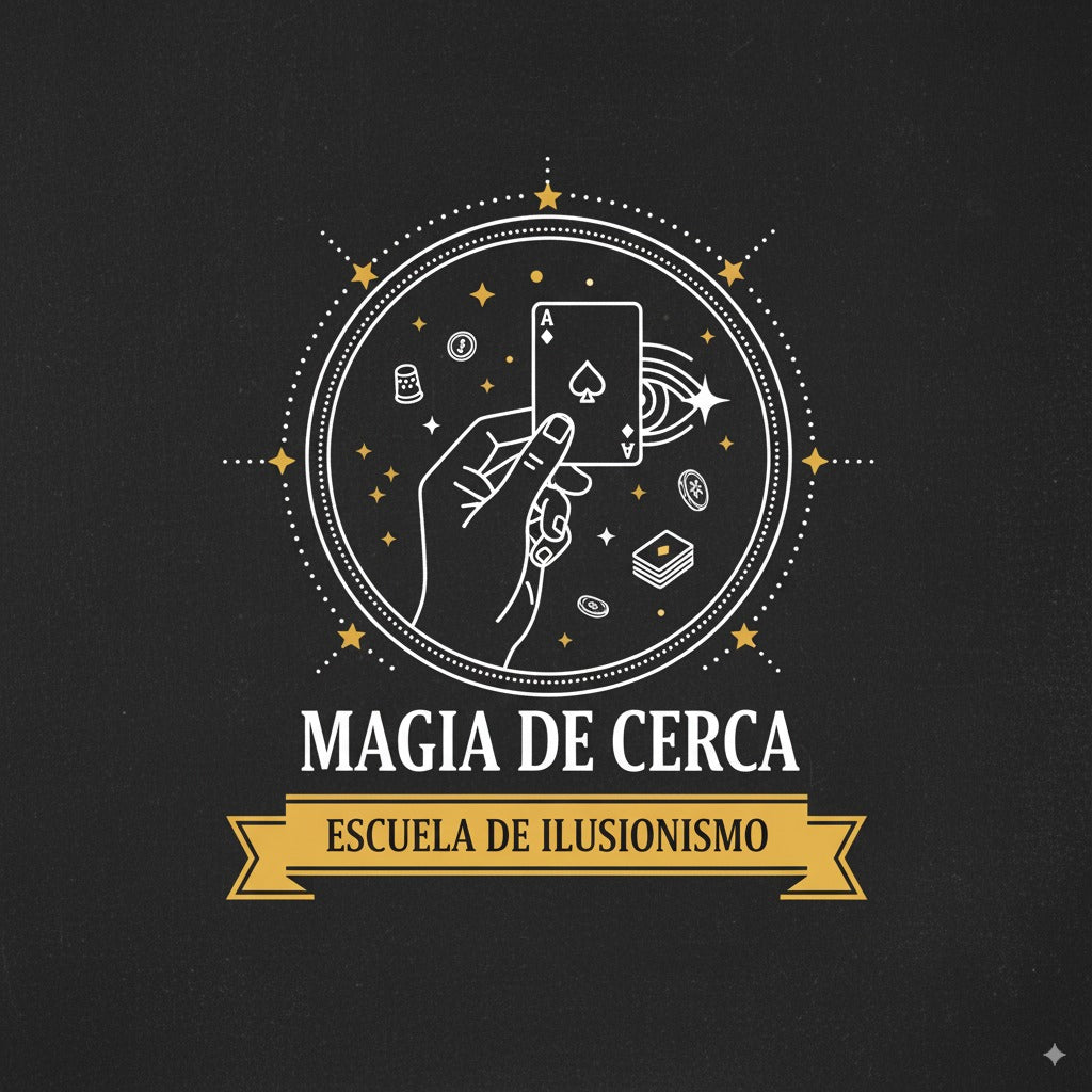 Logo 'Magia de Cerca'. Una mano sostiene una carta (As de Picas) en el centro, rodeada de pequeños objetos mágicos, estrellas y un ojo, dentro de un círculo con borde punteado. Abajo, 'MAGIA DE CERCA' y 'ESCUELA DE ILUSIONISMO' en una cinta.