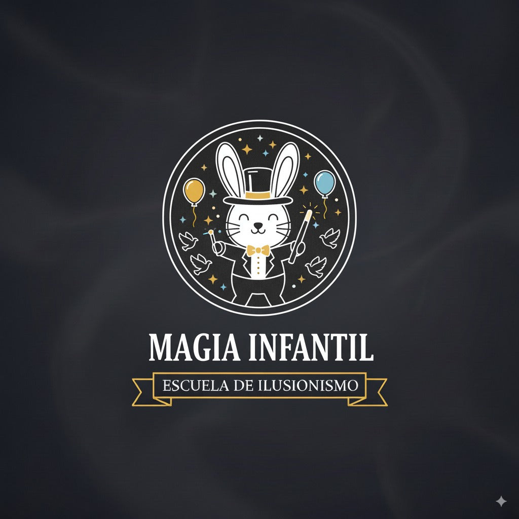 Logo circular con un conejo mago de sombrero y pajarita, rodeado de globos, estrellas y palomas. Debajo aparece el texto “Magia Infantil” y una cinta con la frase “Escuela de Ilusionismo”.