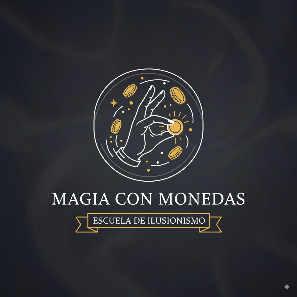 Logo de 'Magia con Monedas'. Muestra una mano en posición de truco sosteniendo una moneda brillante, rodeada de más monedas y estrellas, dentro de un círculo. Debajo, el texto 'MAGIA CON MONEDAS' y una cinta con 'ESCUELA DE ILUSIONISMO'.
